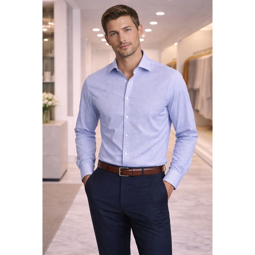 ERMENEGILDO ZEGNA Dress Shirt Blue Check Regular 15 1/2 Long Sleeve Spain Made